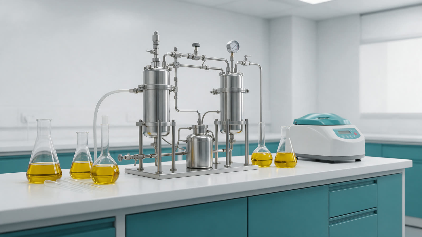 LipidExtraction.com: extraction science domain Laboratory bench with a stainless steel CO2 extraction vessel and flasks of golden oil