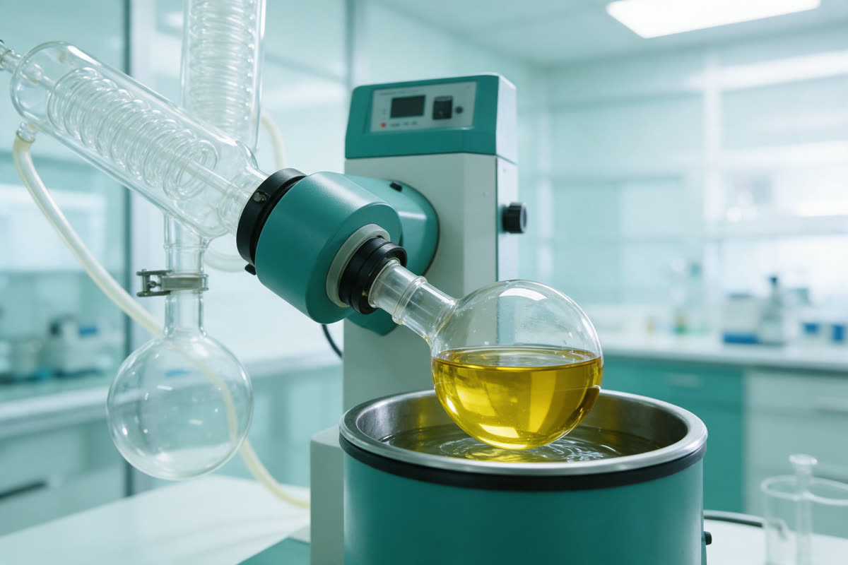 Rotary evaporator Rotary evaporator with a round flask of golden oil in a water bath
