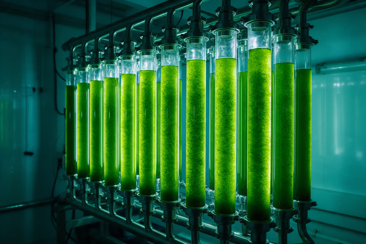 Algae photobioreactor Glowing green algae photobioreactor tubes in a research facility